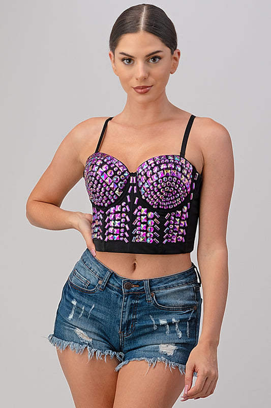 Lydia USA Rainbow Stones Pattern Crop Bustier Top