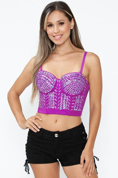 Lydia USA Rainbow Stones Pattern Crop Bustier Top