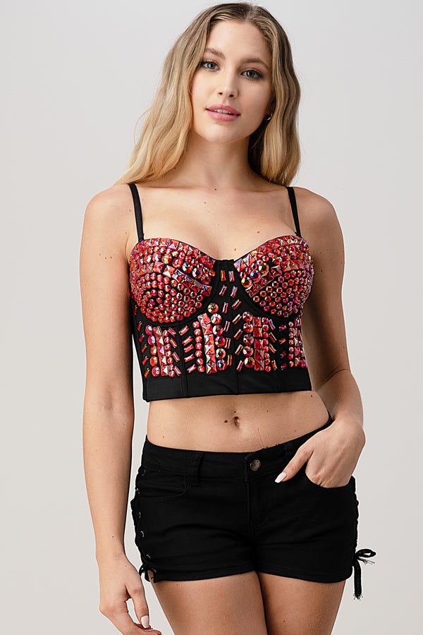 Lydia USA Rainbow Stones Pattern Crop Bustier Top