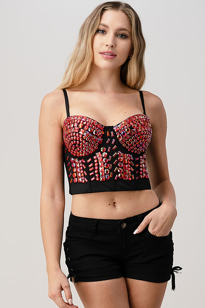 Lydia USA Rainbow Stones Pattern Crop Bustier Top