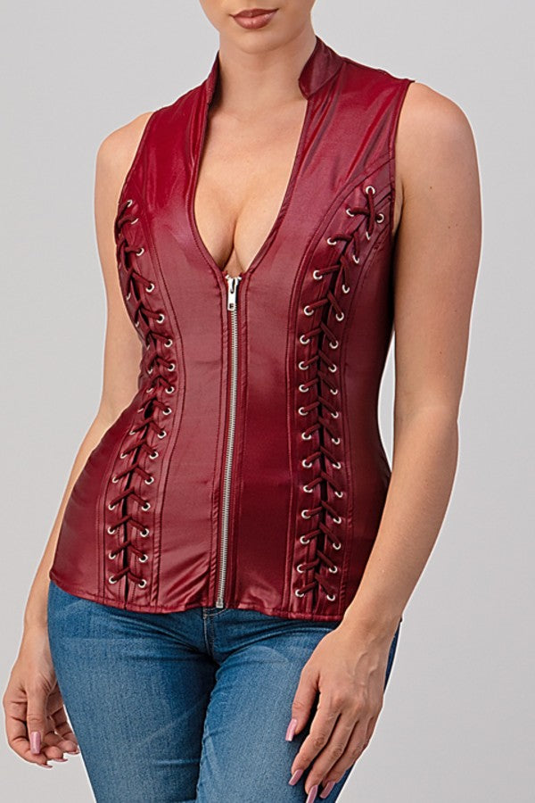 Lydia Black Pleather Sleeveless Zip Front Corset Top – Cross Cut Biker Glam Bustier