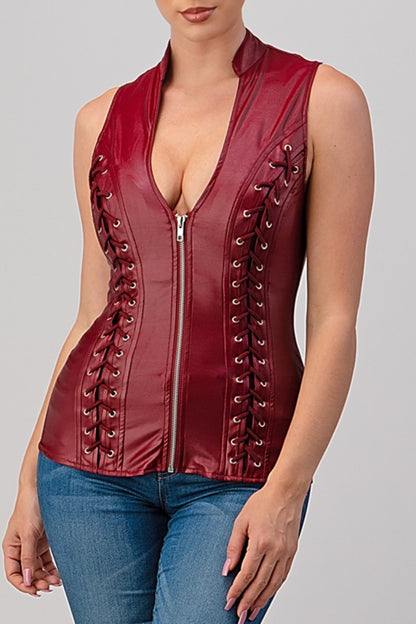 Lydia Black Pleather Sleeveless Zip Front Corset Top – Cross Cut Biker Glam Bustier