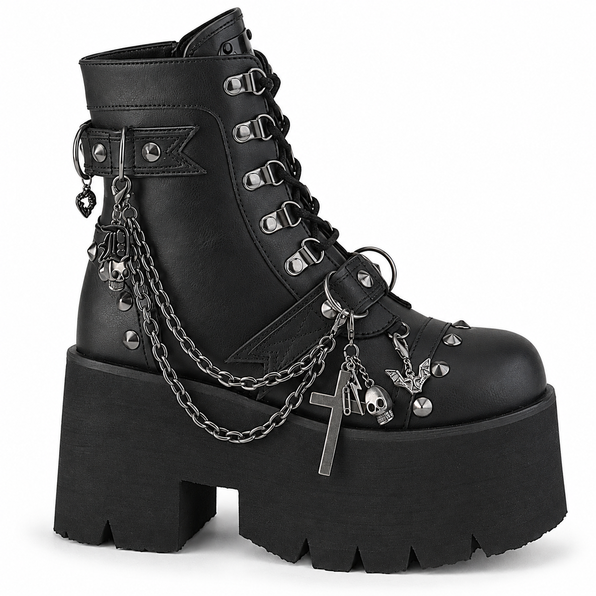 Demonia Ashes-52 | Skull & Chain Platform Combat Boots | Black