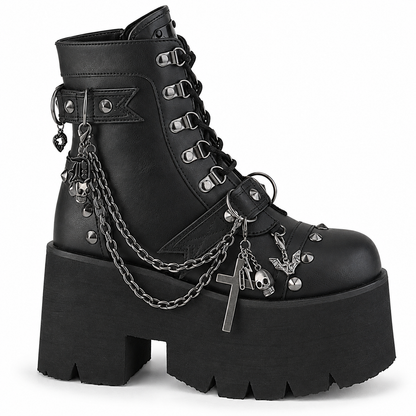 Demonia Ashes-52 | Skull & Chain Platform Combat Boots | Black
