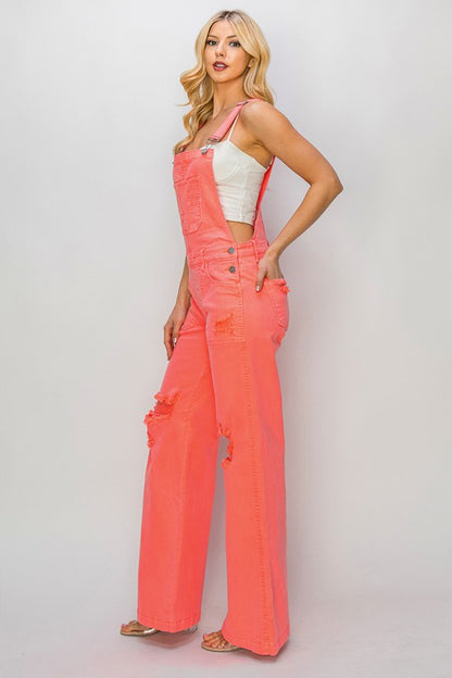 Risen Front Patch Pocket Distressed Acid Wash Wide Leg Overalls