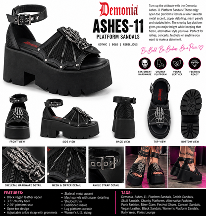Demonia Ashes-11 | Skeleton Hand Batwing Platform Sandals | Black
