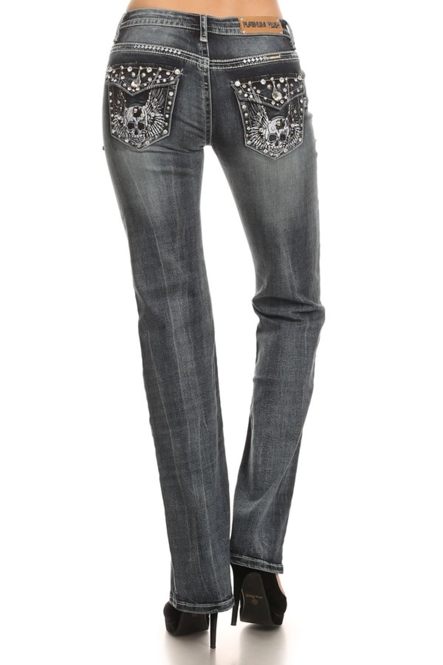 Platinum Plush skull wing jeans dark wash denim women’s rhinestone studded flap pocket biker glam fitted boutique jeans
