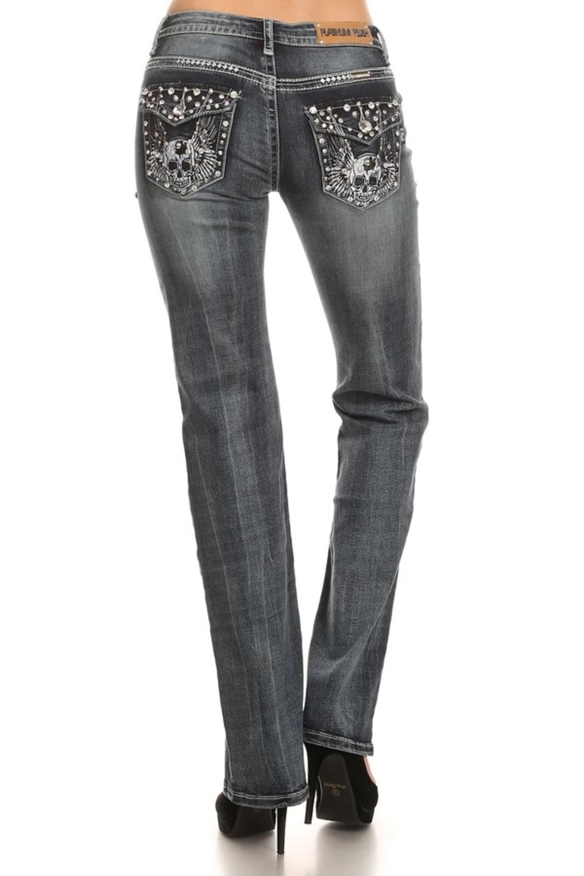 Platinum Plush skull wing jeans dark wash denim women’s rhinestone studded flap pocket biker glam fitted boutique jeans
