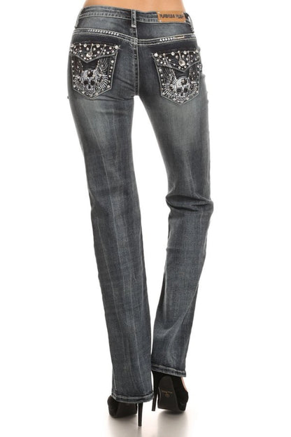 Platinum Plush skull wing jeans dark wash denim women’s rhinestone studded flap pocket biker glam fitted boutique jeans
