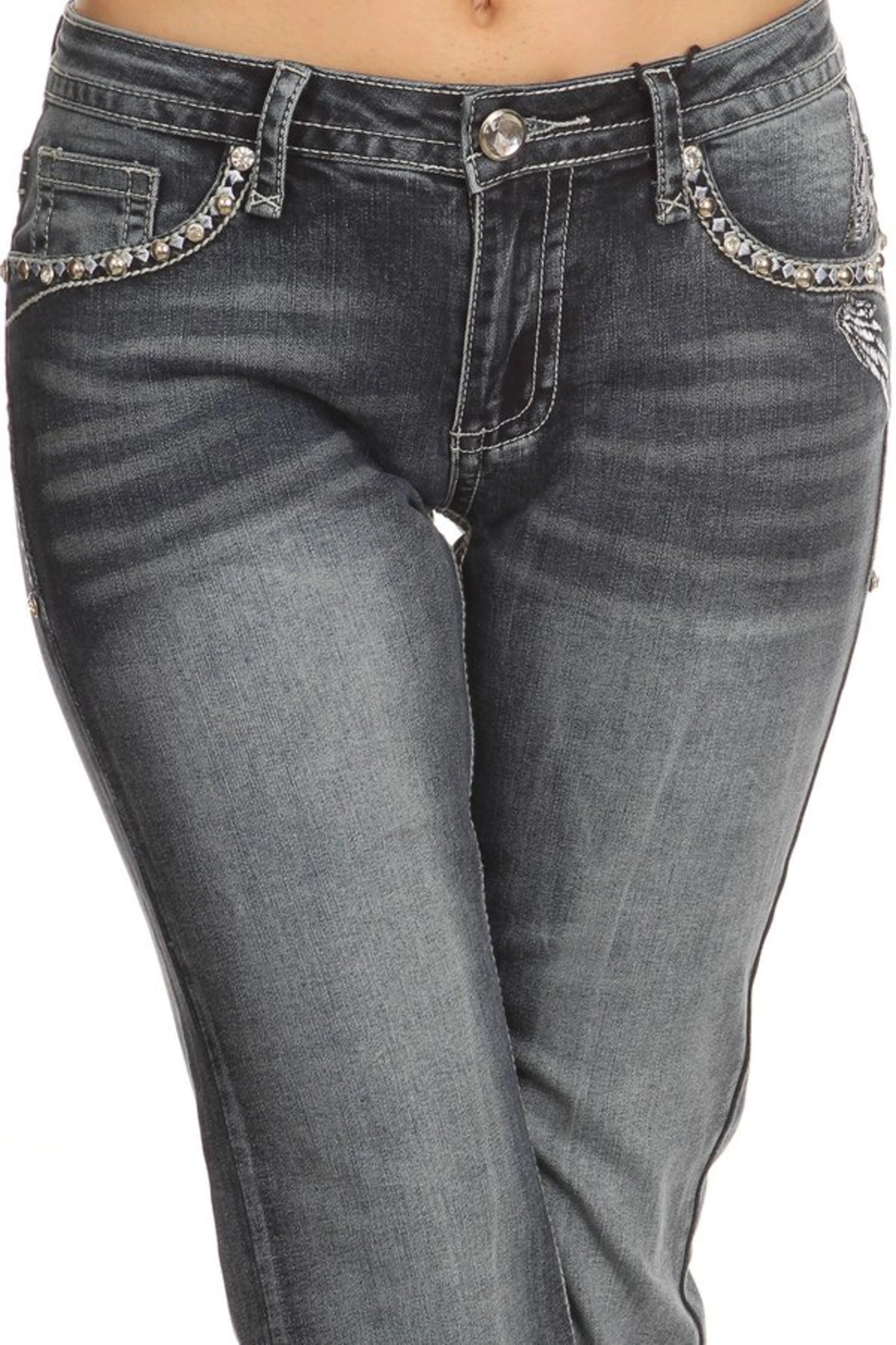 Womens Platinum Plush Rhinestone Skull Wing Flap Pocket Jeans – Biker Glam Dark Wash Denim