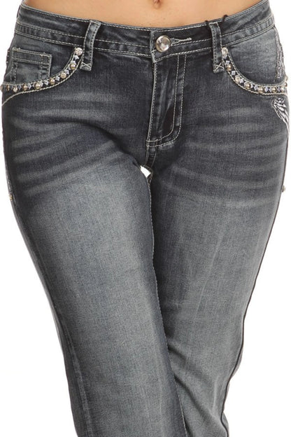Womens Platinum Plush Rhinestone Skull Wing Flap Pocket Jeans – Biker Glam Dark Wash Denim