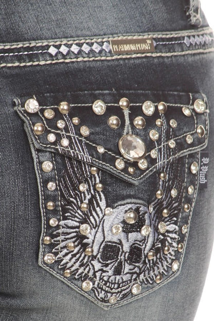 Womens Platinum Plush Rhinestone Skull Wing Flap Pocket Jeans – Biker Glam Dark Wash Denim