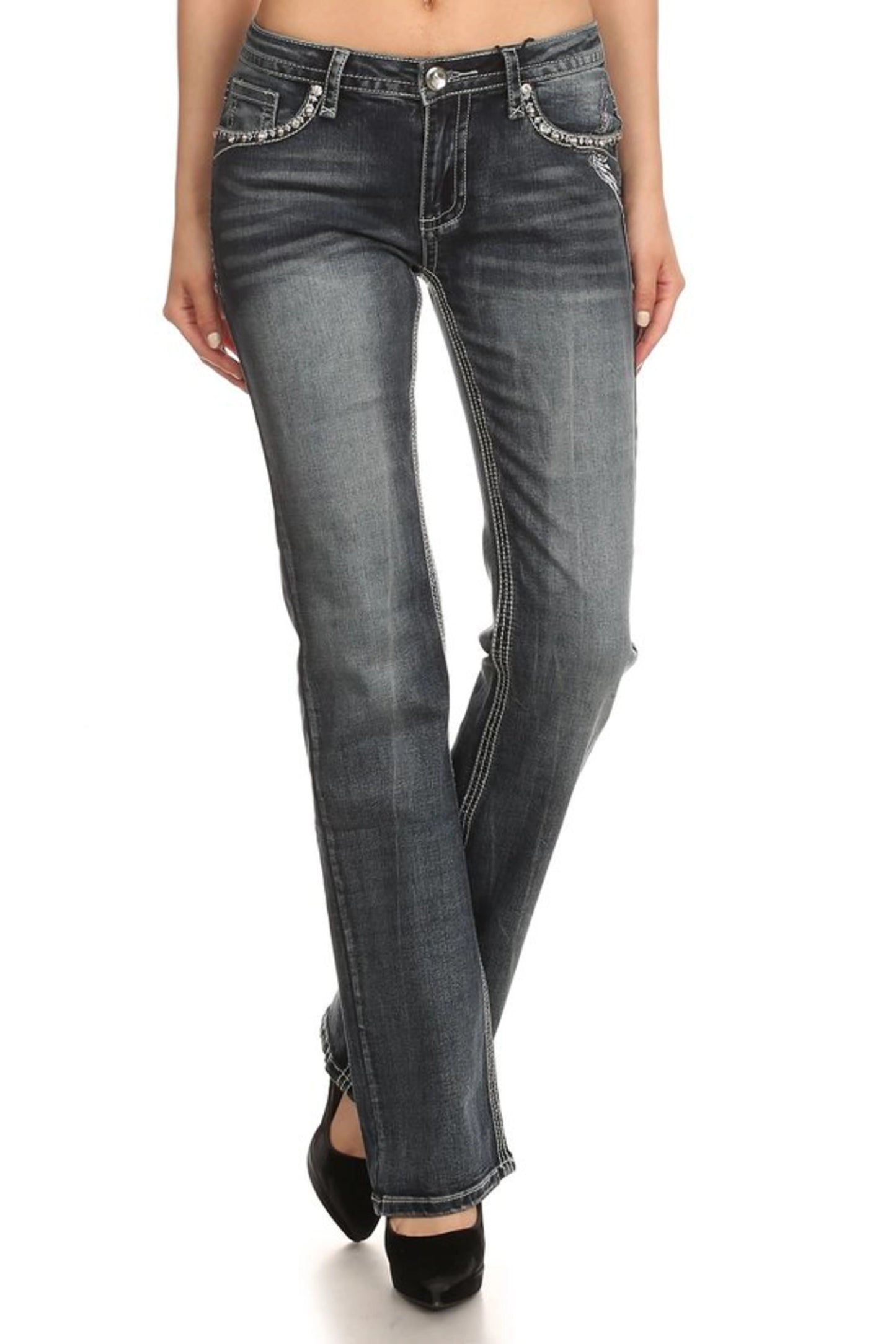 Womens Platinum Plush Rhinestone Skull Wing Flap Pocket Jeans – Biker Glam Dark Wash Denim