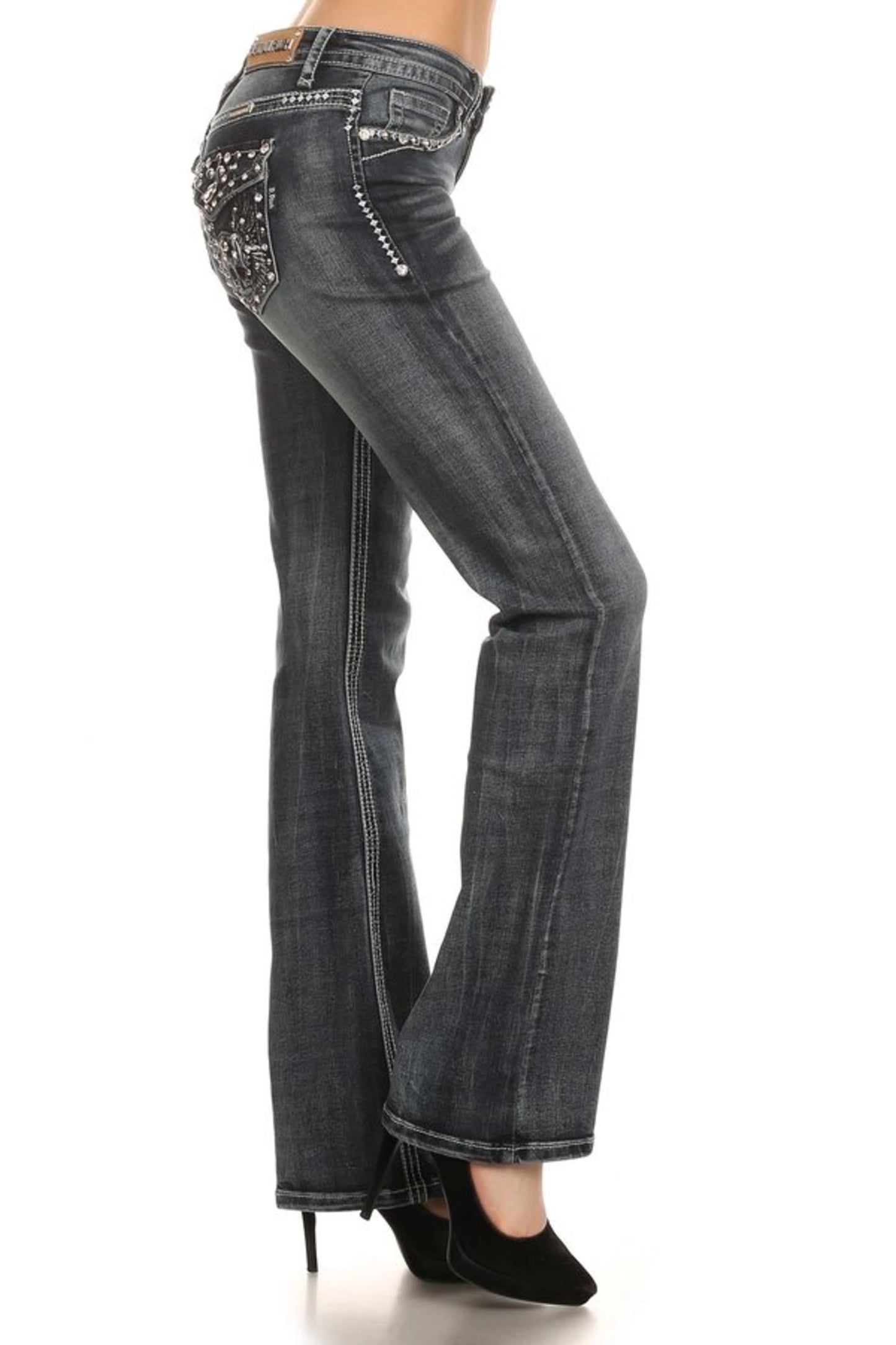 Womens Platinum Plush Rhinestone Skull Wing Flap Pocket Jeans – Biker Glam Dark Wash Denim