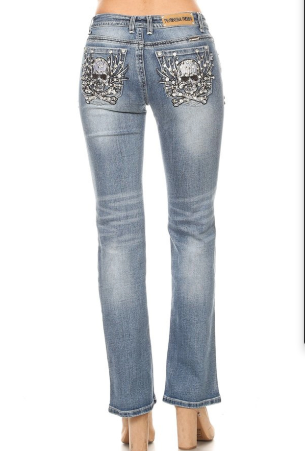 Platinum Plush Light Wash Bootcut Jeans with Crossbones Embroidered Pockets
