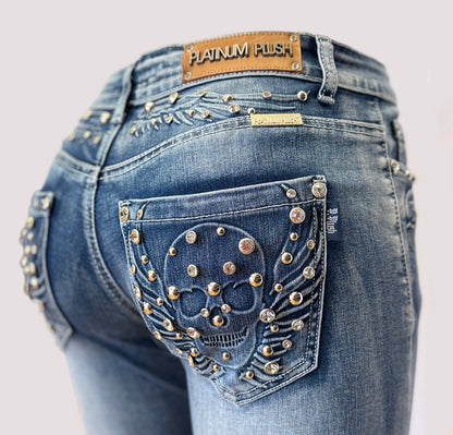 Platinum Plush Steel Halo Bootcut Embroidered Jeans NEW