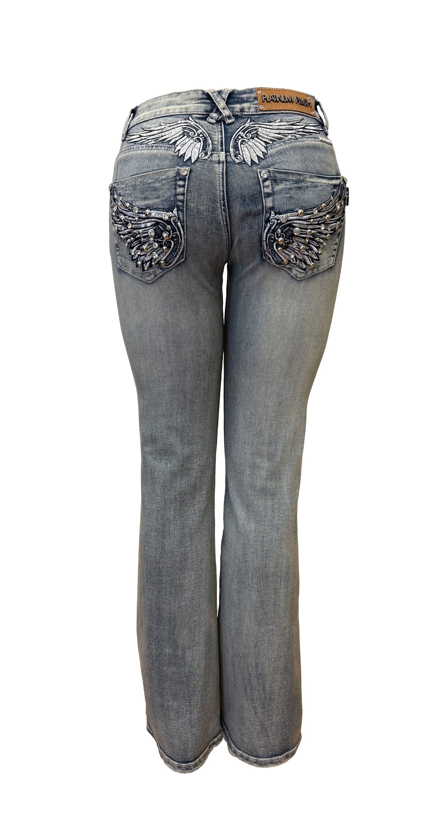 Backlash Beauty Rhinestone Wing Pocket Jeans – Stretch Denim Biker Glam Women’s Jeans