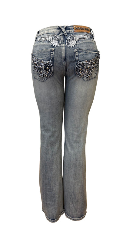 Backlash Beauty Rhinestone Wing Pocket Jeans – Stretch Denim Biker Glam Women’s Jeans