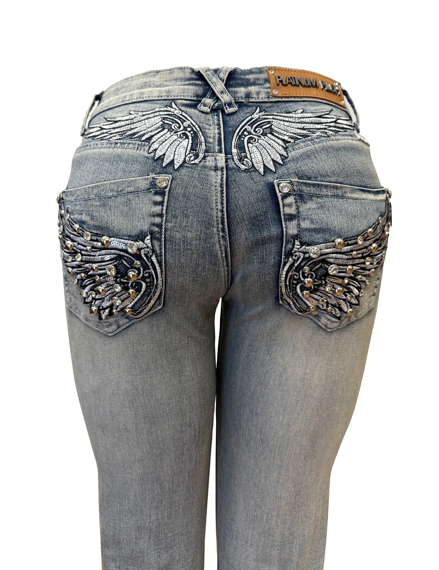 Backlash Beauty Rhinestone Wing Pocket Jeans – Stretch Denim Biker Glam Women’s Jeans