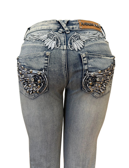 Backlash Beauty Rhinestone Wing Pocket Jeans – Stretch Denim Biker Glam Women’s Jeans
