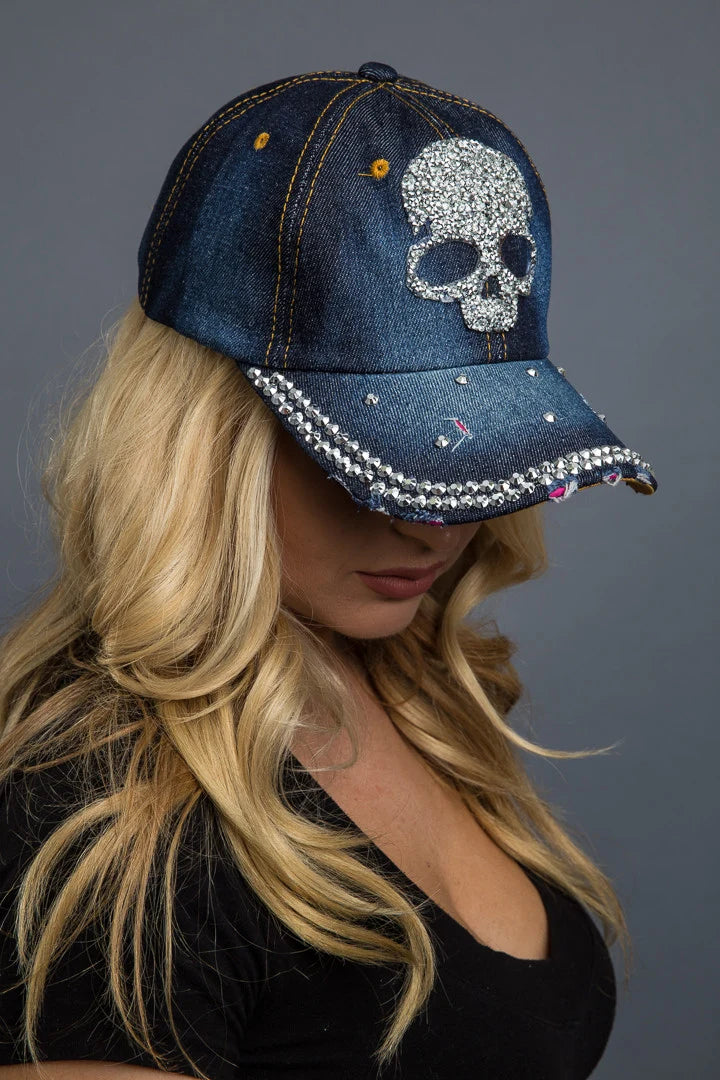 Hair Glove Crystal Skull Rhinestone Denim Cap