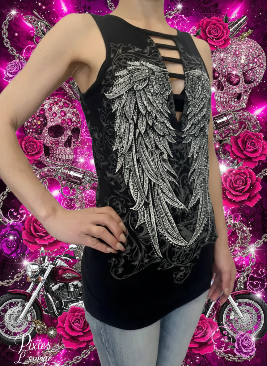 Dark Angel Wings Rhinestone Peekaboo Top
