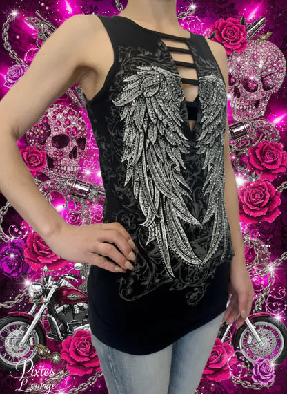 Dark Angel Wings Rhinestone Peekaboo Top