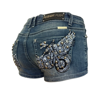 Chrome Rider Rhinestone Denim Shorts | Winged Biker Shorts S–3X