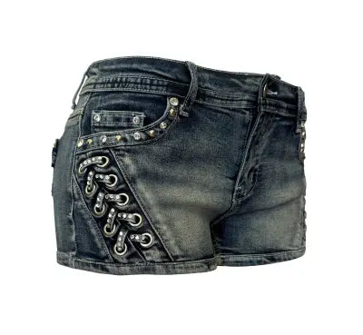 Women's Platinum Plush Iron Angel Lace-Up Rhinestone Denim Shorts