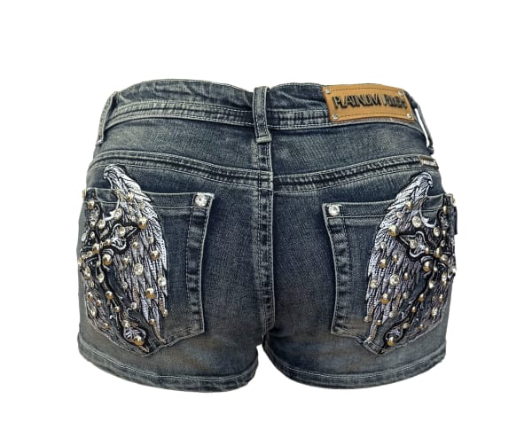 Women's Platinum Plush Iron Angel Lace-Up Rhinestone Denim Shorts