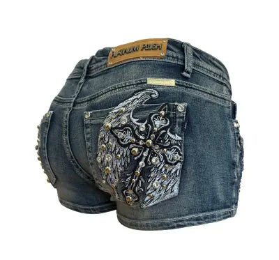 Women's Platinum Plush Iron Angel Lace-Up Rhinestone Denim Shorts