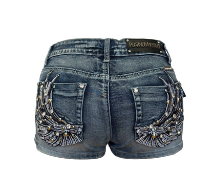 Siren Wing Rhinestone Shorts | Low Rise Biker Denim S–3X