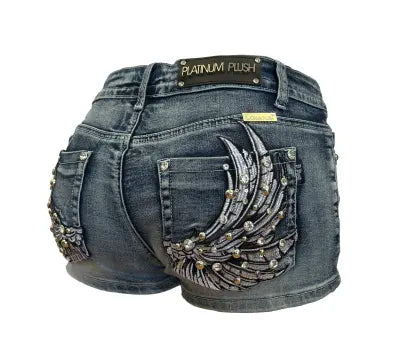 Siren Wing Rhinestone Shorts | Low Rise Biker Denim S–3X