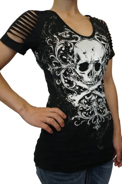 Platinum Plush Skull Crusade Rhinestone Cold Shoulder Slashed Top