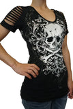 Platinum Plush Skull Crusade Rhinestone Cold Shoulder Slashed Top