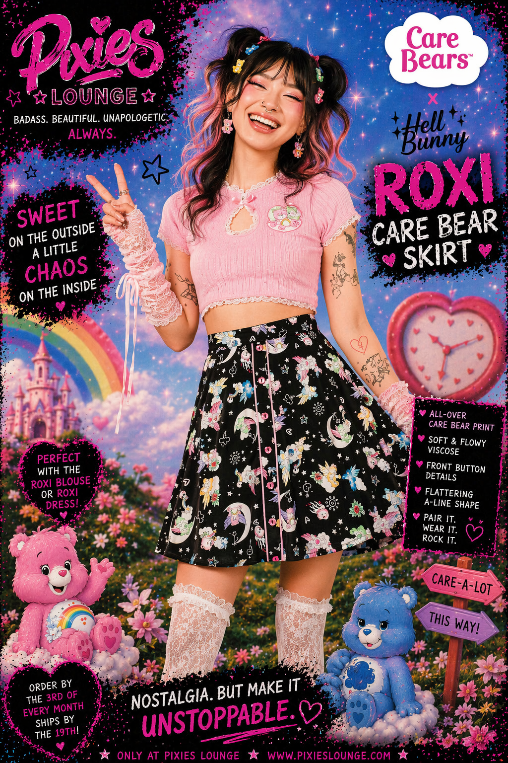 black care bears roxi skirt hell bunny multi character kawaii goth cute edgy high waisted skirt women
