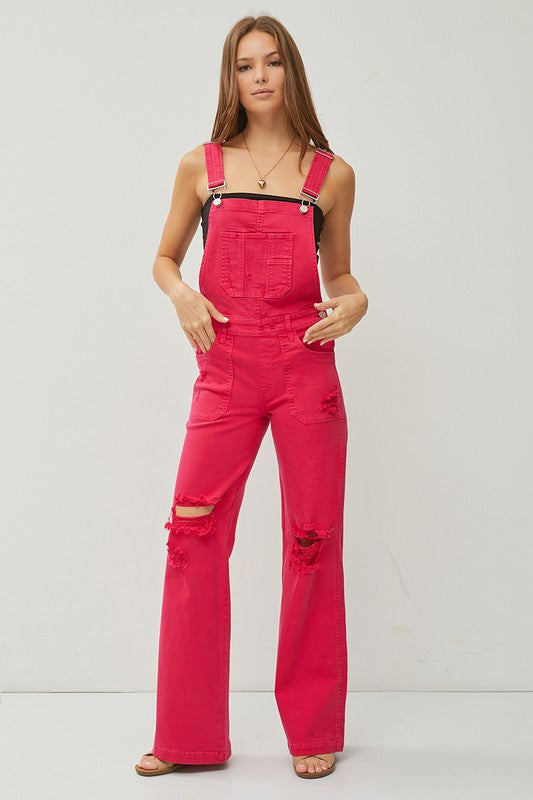 Risen Front Patch Pocket Distressed Acid Wash Wide Leg Overalls