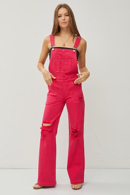 Risen Front Patch Pocket Distressed Acid Wash Wide Leg Overalls