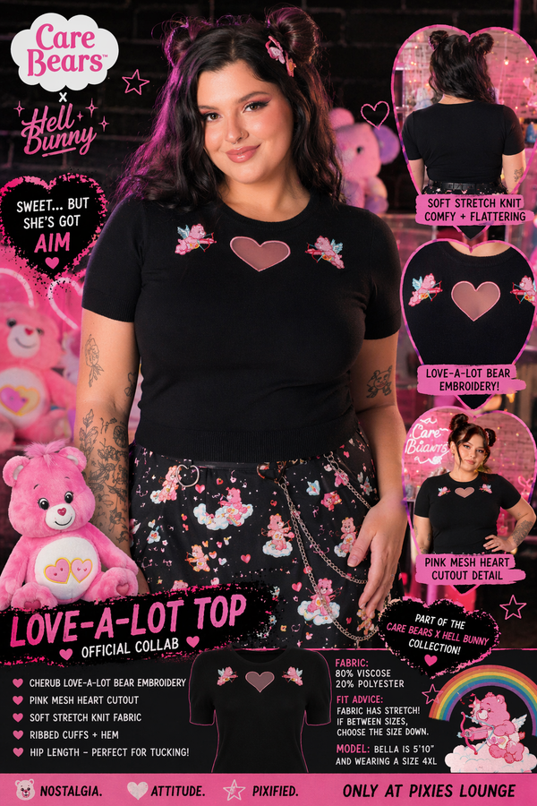 Love-A-Lot Bear Heart Cutout Knit Top – Care Bears x Hell Bunny Black Embroidered Tee