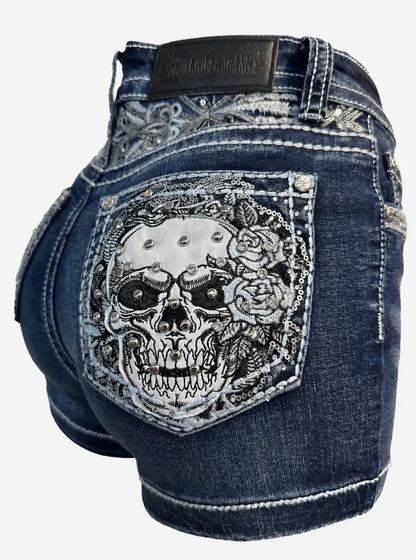 Skull Queen Rhinestone Denim Shorts
