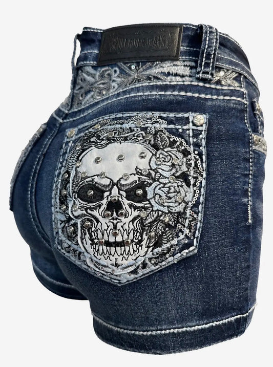 Skull Queen Rhinestone Denim Shorts