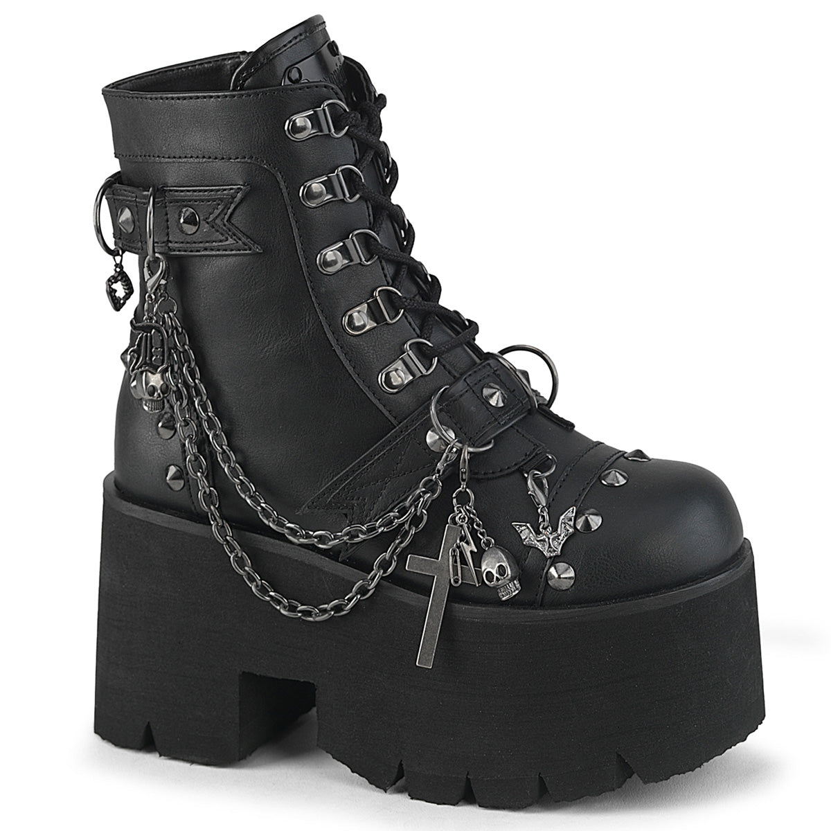Demonia Ashes-52 | Skull & Chain Platform Combat Boots | Black