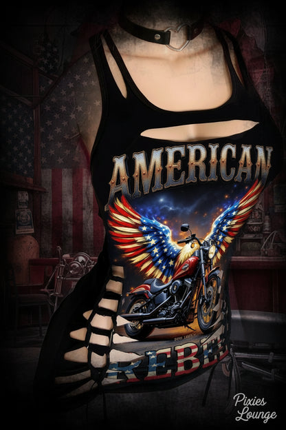American Graphic Rebel Motorcycle Sexy Biker Western Festival Slashed Tank Top
