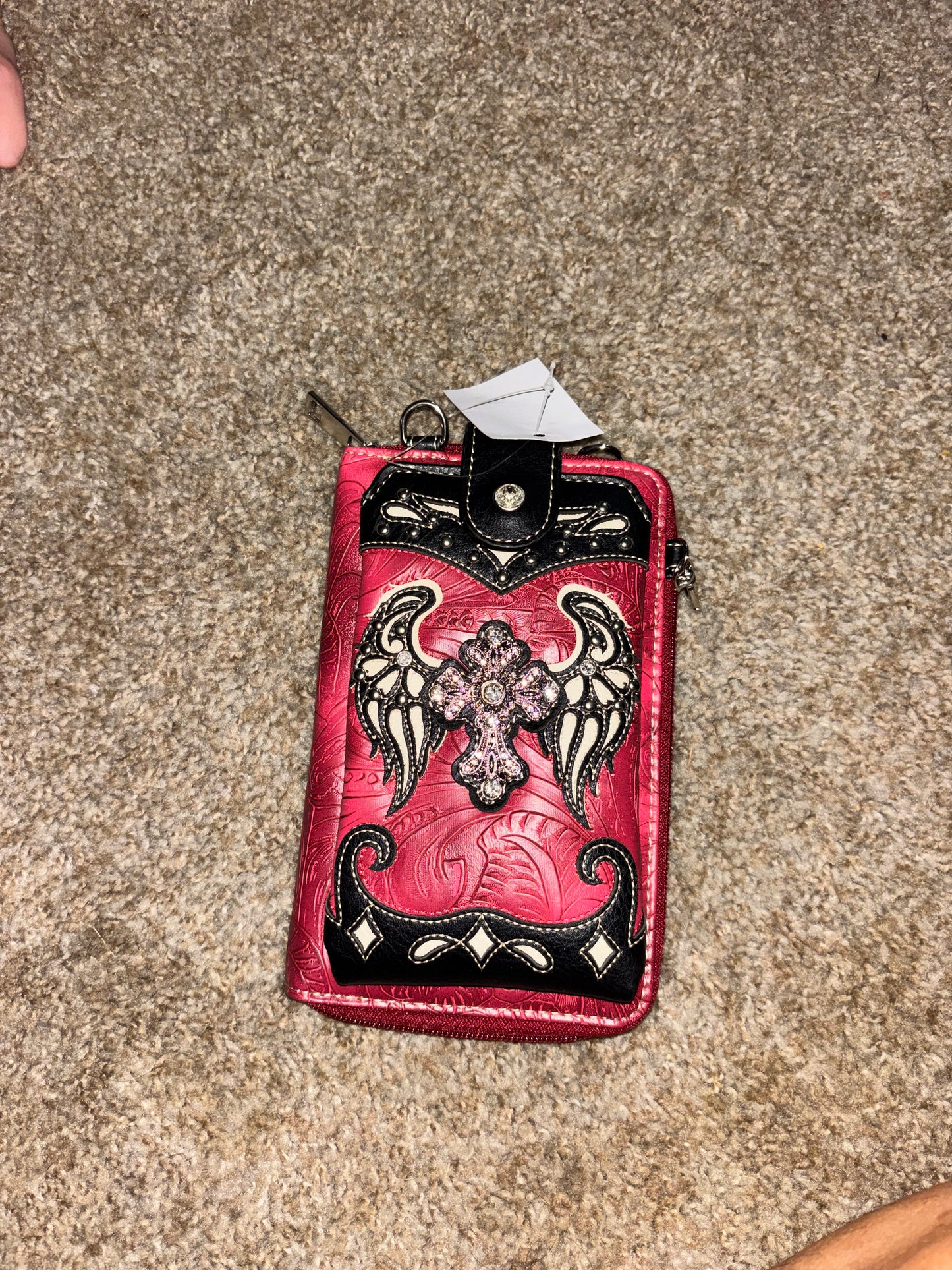 Angel Wings Rhinestone Cross Phone Wallet Crossbody | Western Biker Organizer