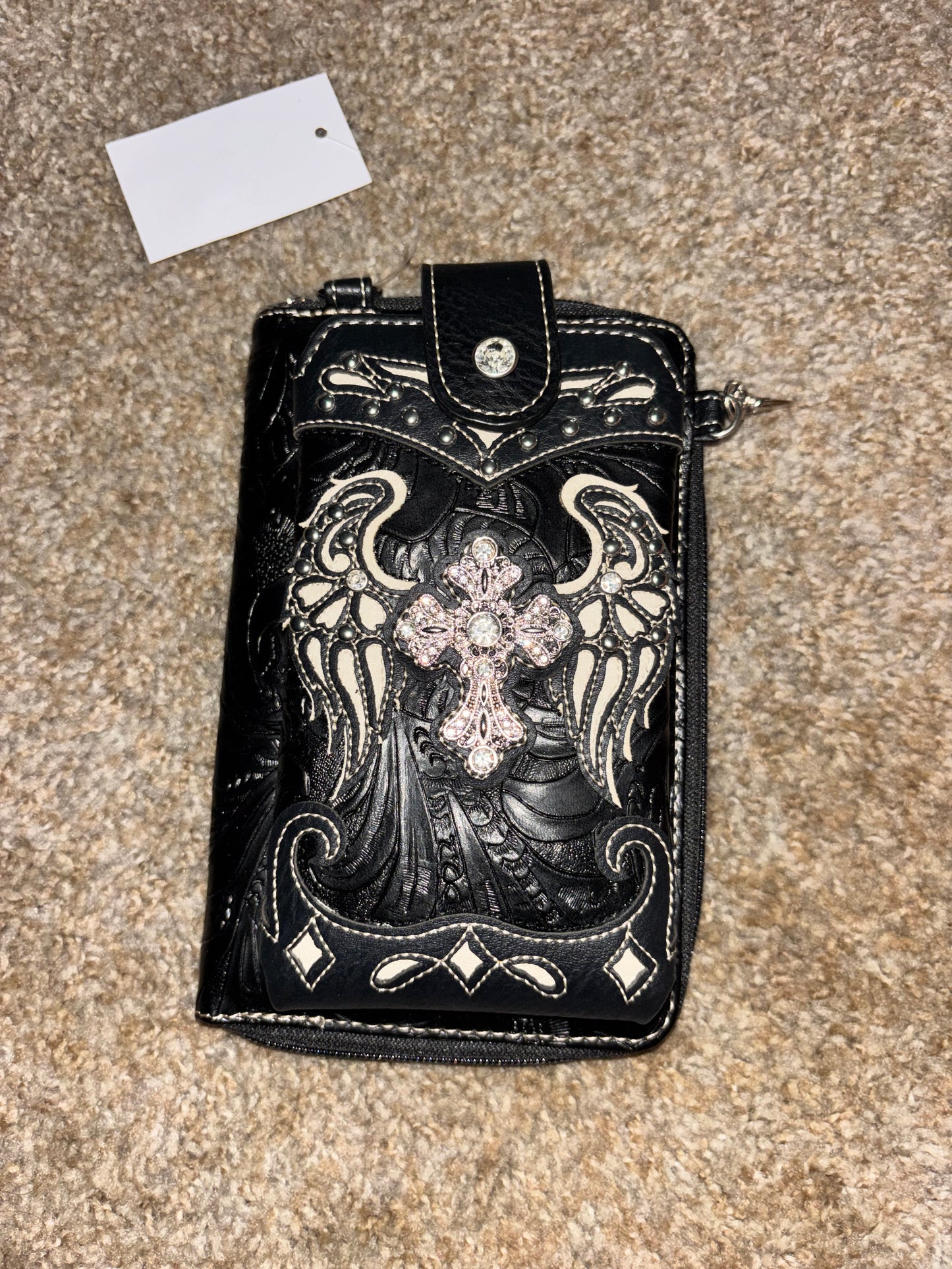 Angel Wings Rhinestone Cross Phone Wallet Crossbody | Western Biker Organizer