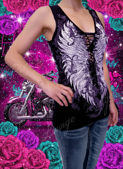 Platinum Plush “Midnight Wings” Biker Tank Top with Rhinestone Accents