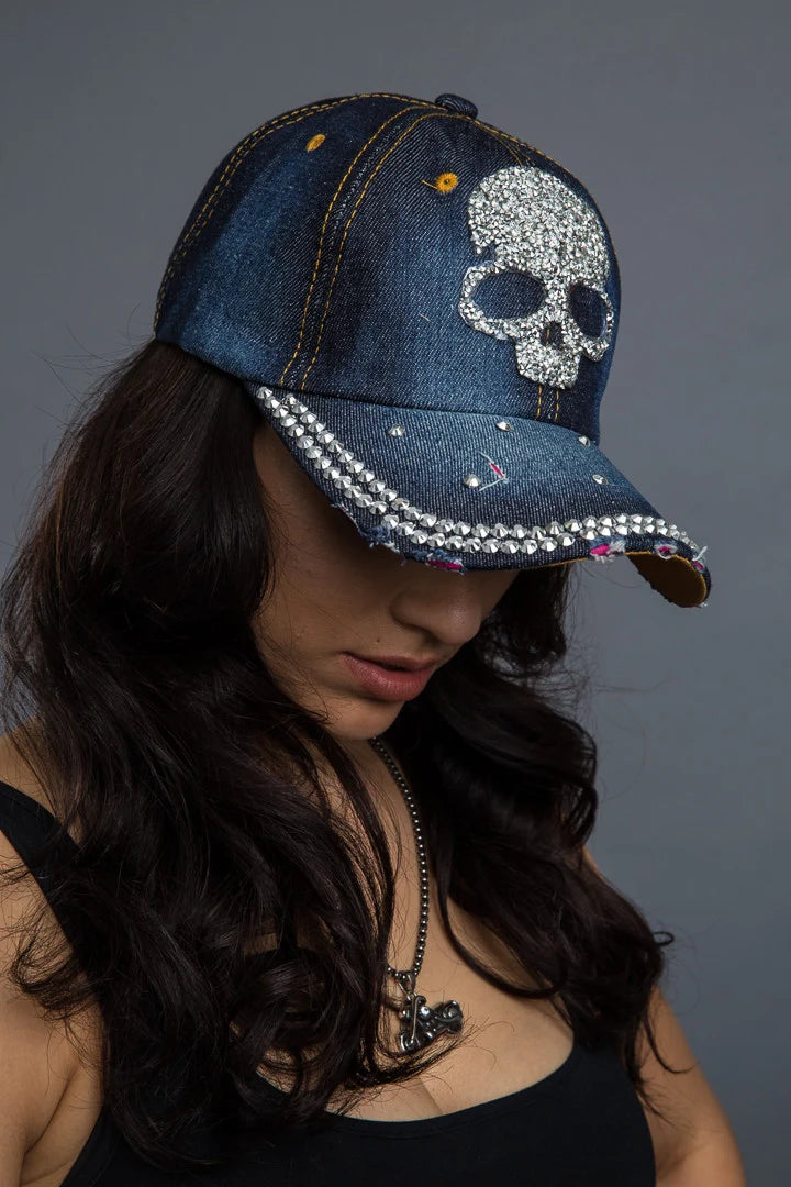 Hair Glove Crystal Skull Rhinestone Denim Cap