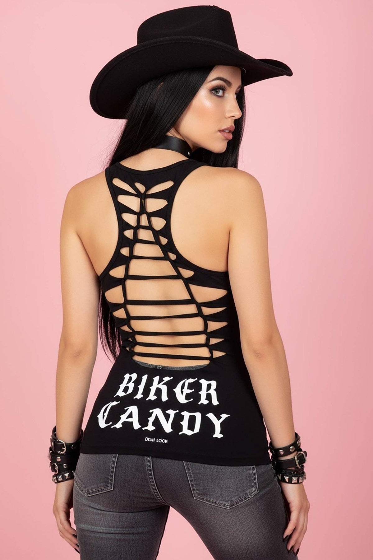 Biker Candy Graphic Back Racerback Sexy Slashed Biker Festival Tank