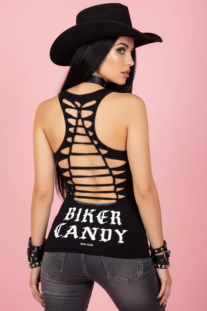 Biker Candy Graphic Back Racerback Sexy Slashed Biker Festival Tank