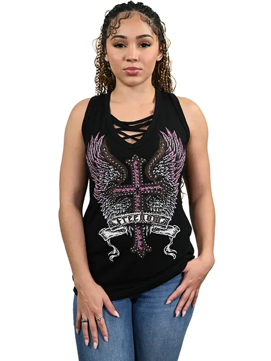Liberty Wear Rebel Angel Winged Cross Lace-Up Tank Top | Style 7514